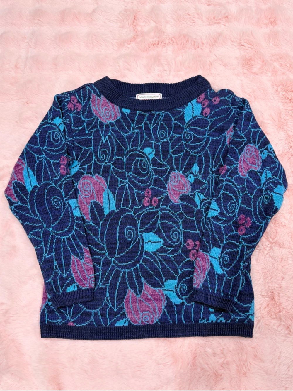 Vintage Tricots St. Raphael Blue & Pink Floral Roses Knit Sweater